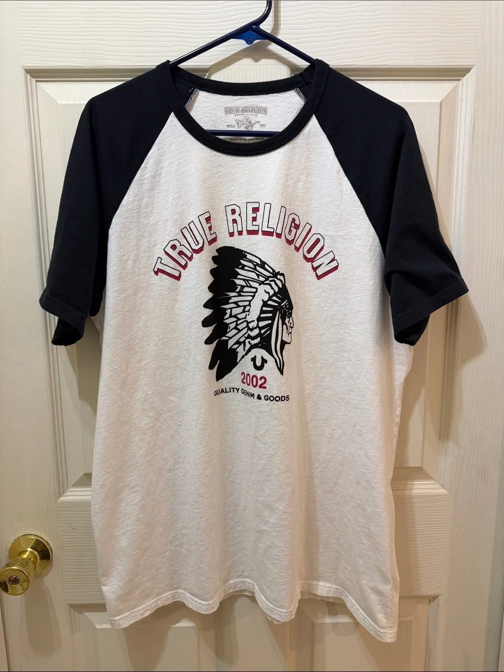 True Religion White and Black Raglan Graphic Tee with Red Accent